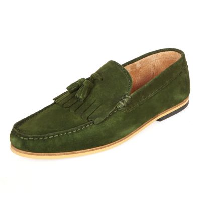 Green suede tassel loafers